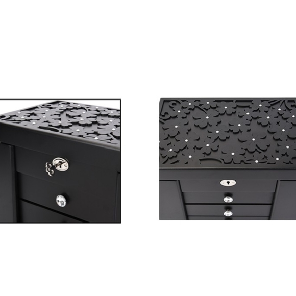 NEW Black Wooden Carved Flower with Crystals 5 Tier Jewelry Box w/Lock - Picture 6 of 8